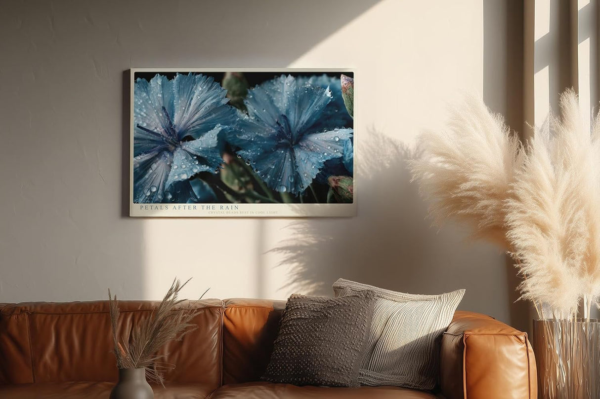 Paul Sinus Wandbild 120x80cm Blaue Blüten Makrofotografie Natur Kunst mit Wassertropfen für Wohnzimmer Schlafzimmer Spa