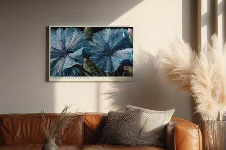 Paul Sinus Wandbild 120x80cm Blaue Blüten Makrofotografie Natur Kunst mit Wassertropfen für Wohnzimmer Schlafzimmer Spa