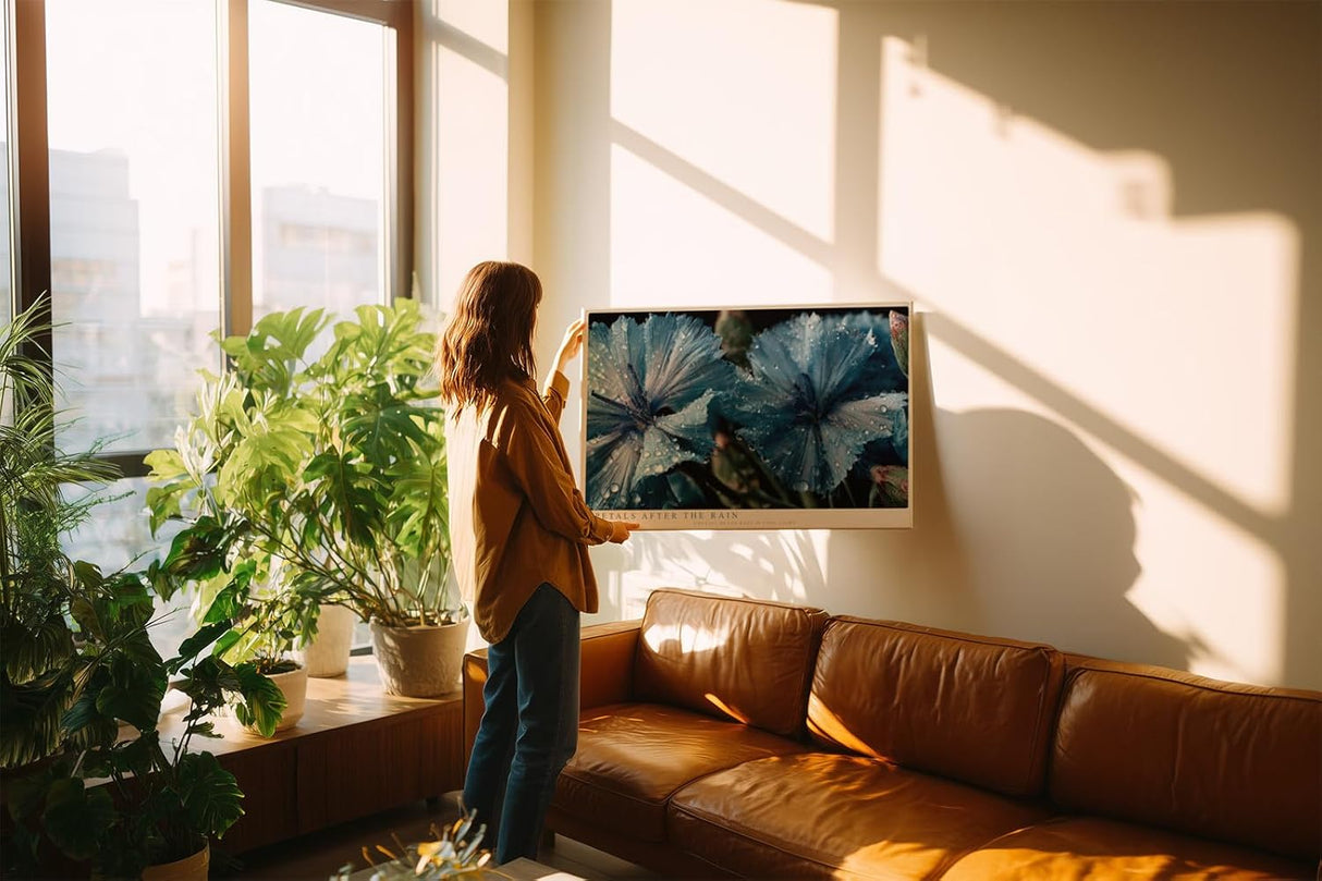 Paul Sinus Wandbild 120x80cm Blaue Blüten Makrofotografie Natur Kunst mit Wassertropfen für Wohnzimmer Schlafzimmer Spa