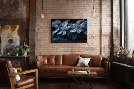 Paul Sinus Wandbild 120x80cm Blaue Blüten mit Regentropfen Makrofotografie Natur Kunst für Wohnzimmer Schlafzimmer Bad