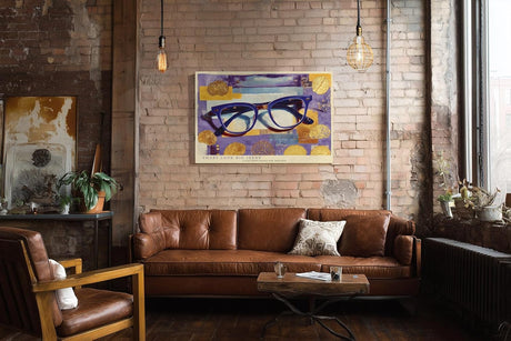 Paul Sinus Wandbild 120x80cm Blaue Brille mit abstraktem Hintergrund – Kreatives Designmotiv für moderne Büros und Wohnräume