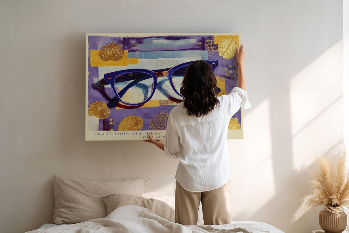 Paul Sinus Wandbild 120x80cm Blaue Brille mit abstraktem Hintergrund – Kreatives Designmotiv für moderne Büros und Wohnräume