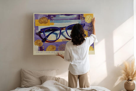 Paul Sinus Wandbild 120x80cm Blaue Brille mit abstraktem Hintergrund – Kreatives Designmotiv für moderne Büros und Wohnräume
