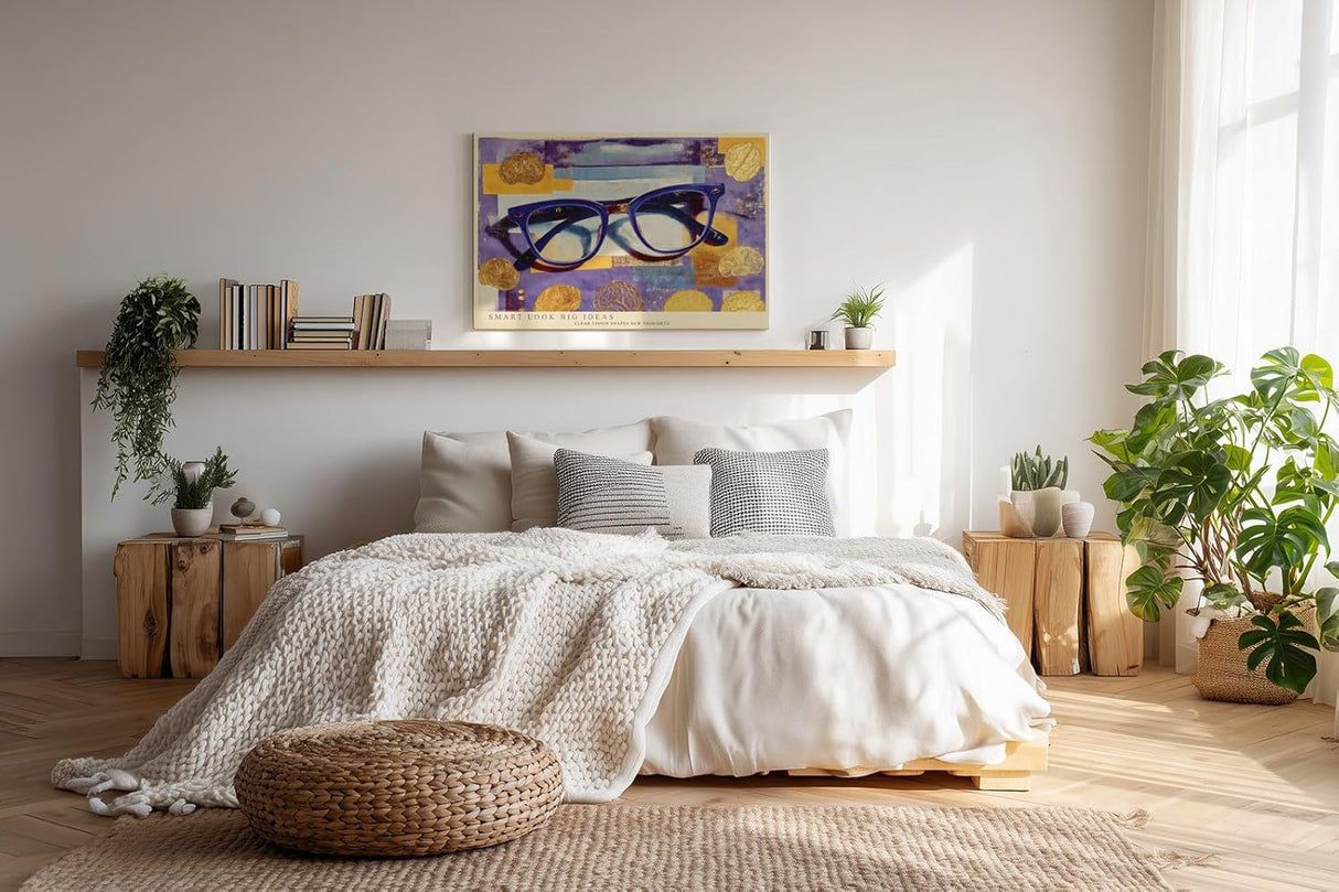 Paul Sinus Wandbild 120x80cm Blaue Brille mit abstraktem Hintergrund – Kreatives Designmotiv für moderne Büros und Wohnräume