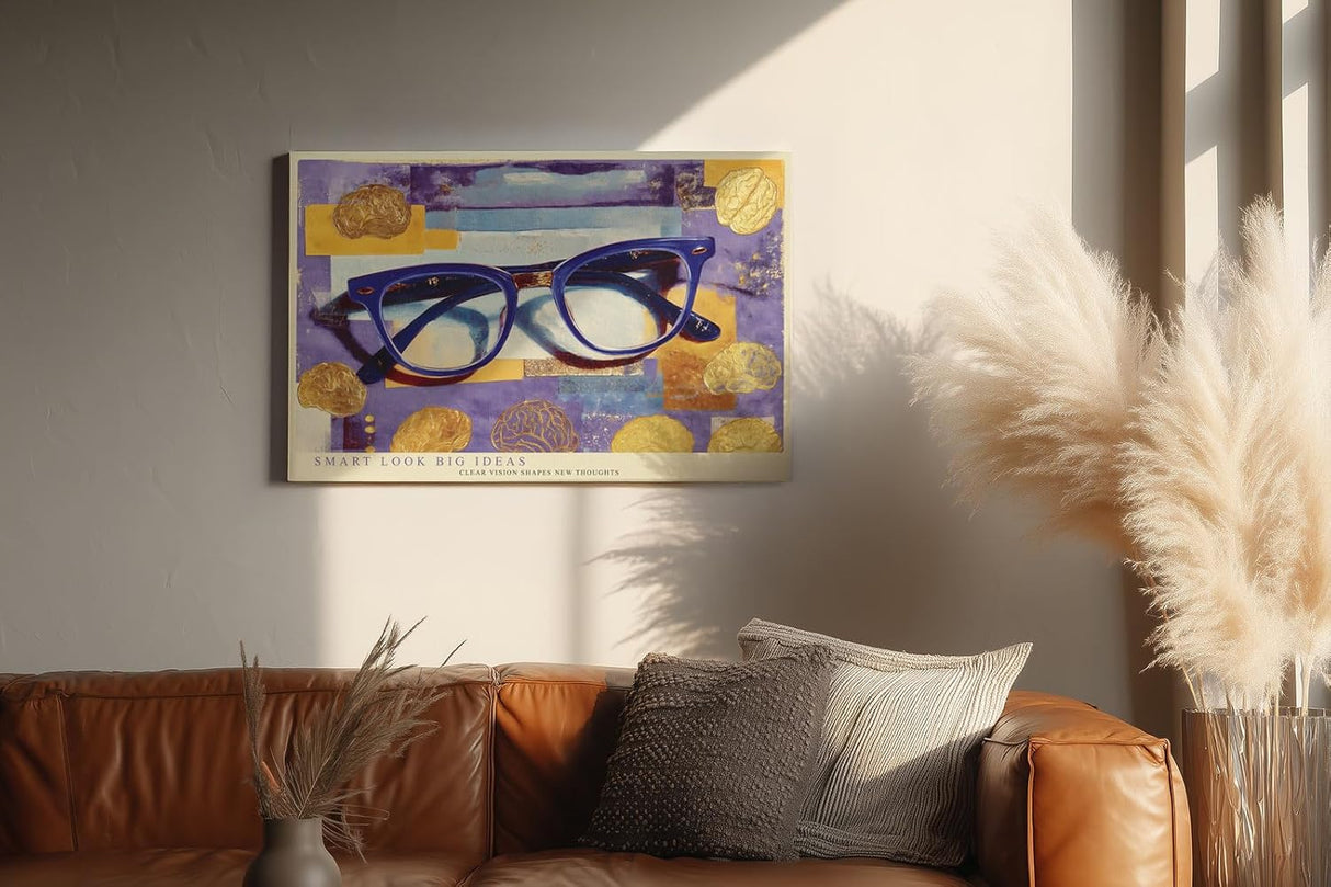 Paul Sinus Wandbild 120x80cm Blaue Brille mit abstraktem Hintergrund – Kreatives Designmotiv für moderne Büros und Wohnräume