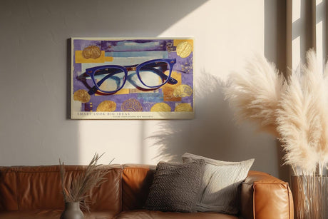 Paul Sinus Wandbild 120x80cm Blaue Brille mit abstraktem Hintergrund – Kreatives Designmotiv für moderne Büros und Wohnräume