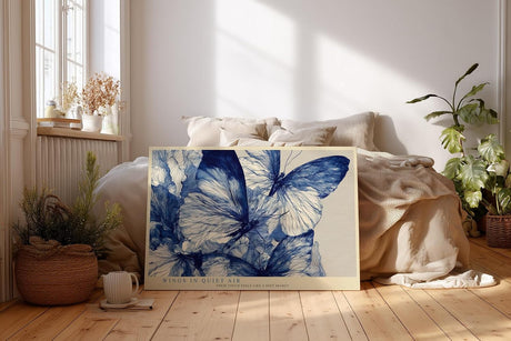 Paul Sinus Wandbild 120x80cm Blaue Schmetterlinge Moderne Natur Illustration in Blau Weiß für Wohnzimmer Schlafzimmer Büro