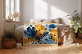 Paul Sinus Wandbild 120x80cm Blaue und Goldene Blumen Abstrakte Florale Kunst Modernes Blumenmotiv fuer Wohnzimmer Schlafzimmer und Essbereich