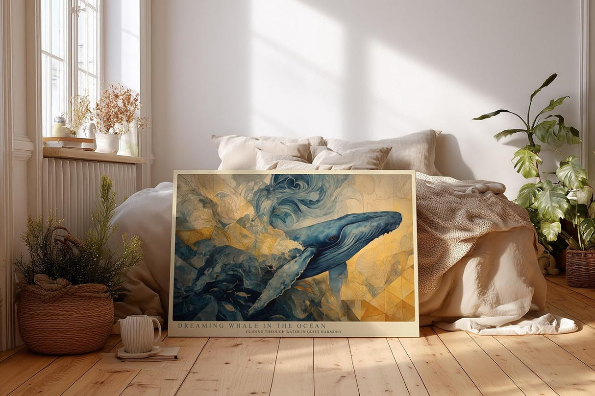 Paul Sinus Wandbild 120x80cm Blauer Wal im Ozean Abstrakte Meereskunst in Blau Gold Wanddekoration