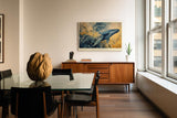 Paul Sinus Wandbild 120x80cm Blauer Wal im Ozean Abstrakte Meereskunst in Blau Gold Wanddekoration