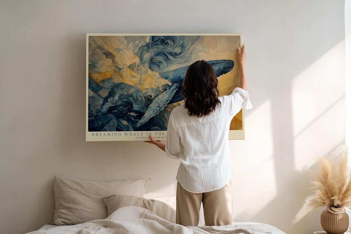 Paul Sinus Wandbild 120x80cm Blauer Wal im Ozean Abstrakte Meereskunst in Blau Gold Wanddekoration