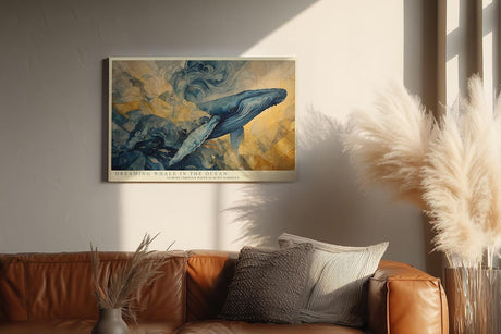 Paul Sinus Wandbild 120x80cm Blauer Wal im Ozean Abstrakte Meereskunst in Blau Gold Wanddekoration
