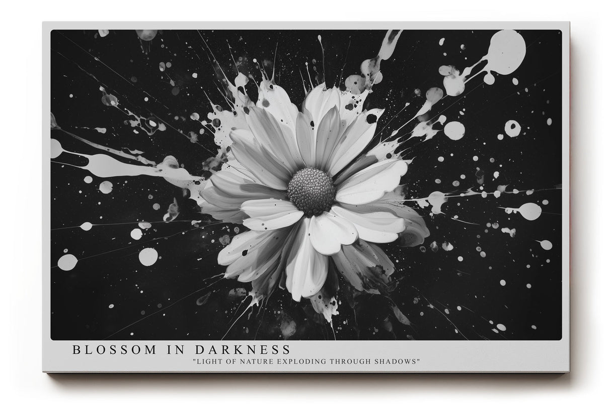 Paul Sinus Wandbild Blossom in Darkness – Schwarzweiß-Blumenmotiv mit Farbspritzern, Symbol für Hoffnung, Kontrast und Lebenskraft