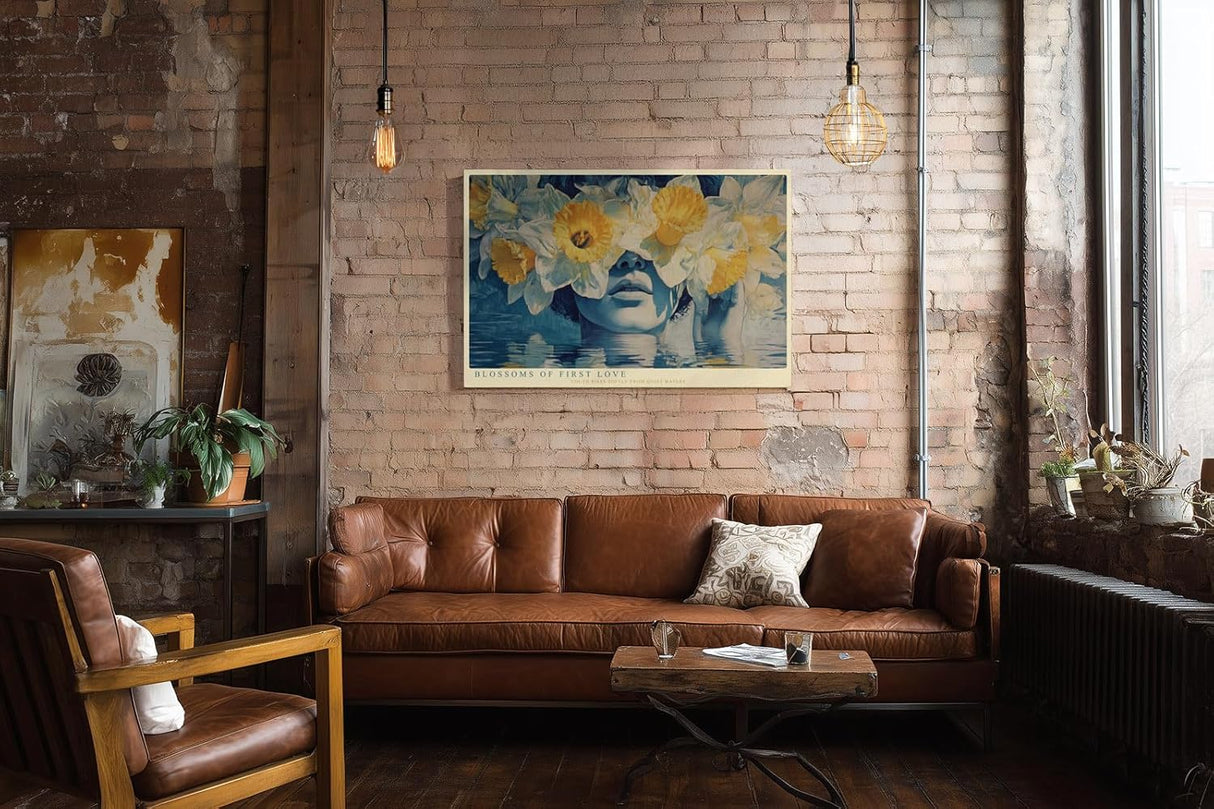 Paul Sinus Wandbild 120x80cm Blossoms of First Love surrealistisches Portrait mit Narzissen Blumen Kunst Poster für Wohnzimmer Schlafzimmer