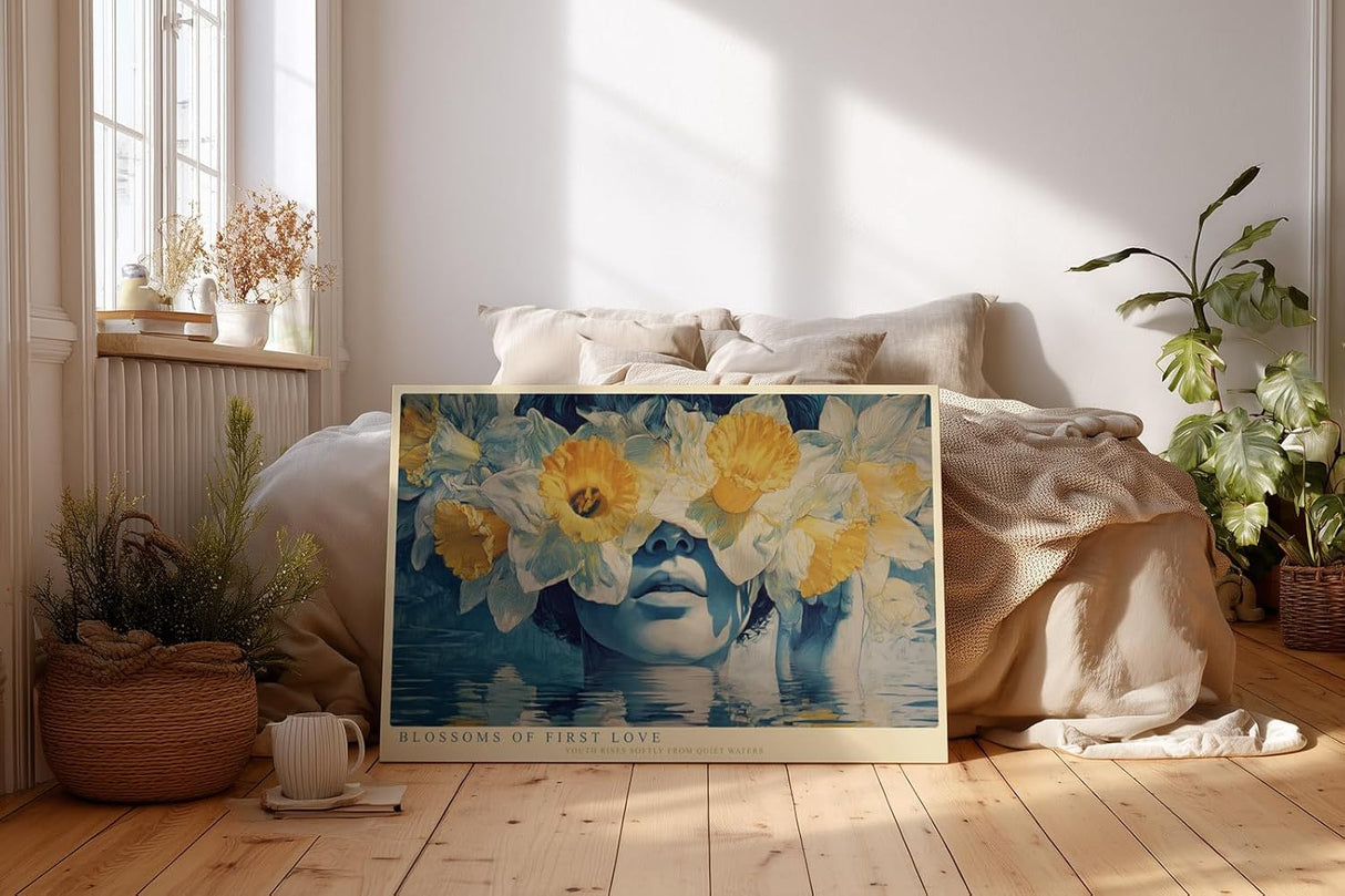 Paul Sinus Wandbild 120x80cm Blossoms of First Love surrealistisches Portrait mit Narzissen Blumen Kunst Poster für Wohnzimmer Schlafzimmer