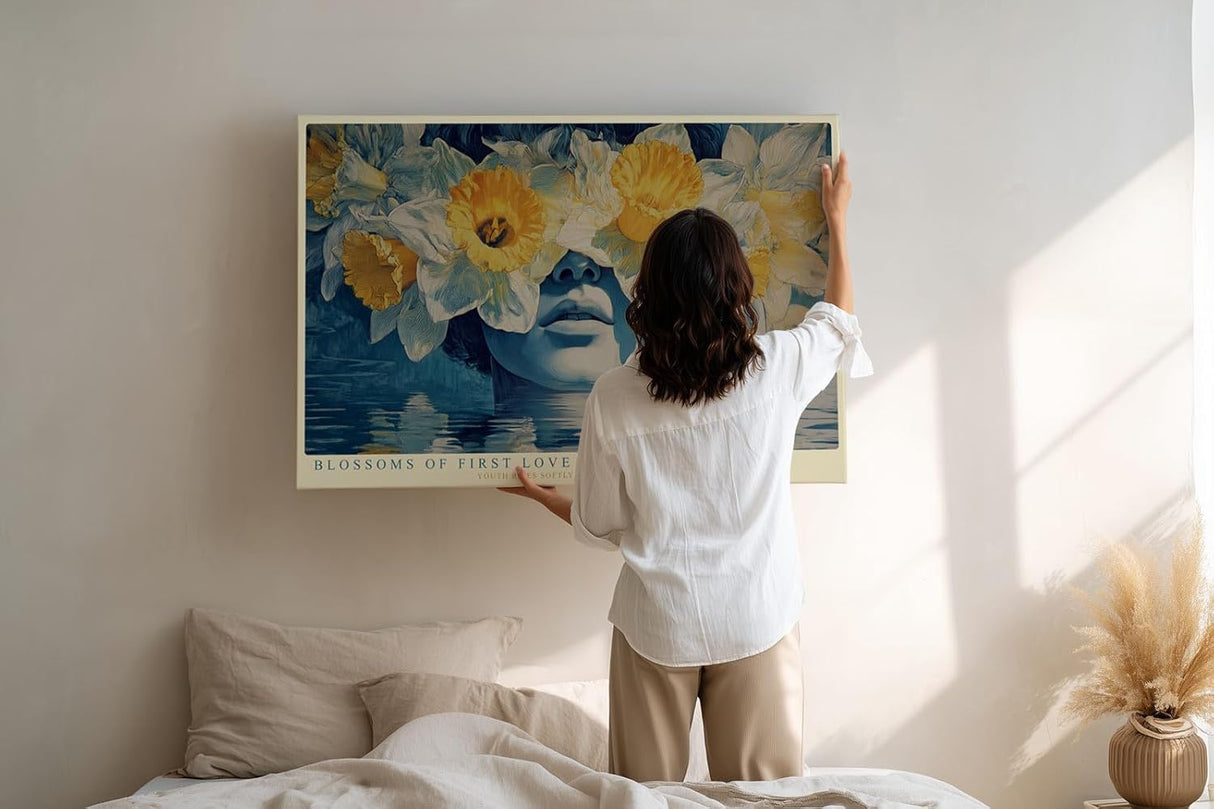 Paul Sinus Wandbild 120x80cm Blossoms of First Love surrealistisches Portrait mit Narzissen Blumen Kunst Poster für Wohnzimmer Schlafzimmer