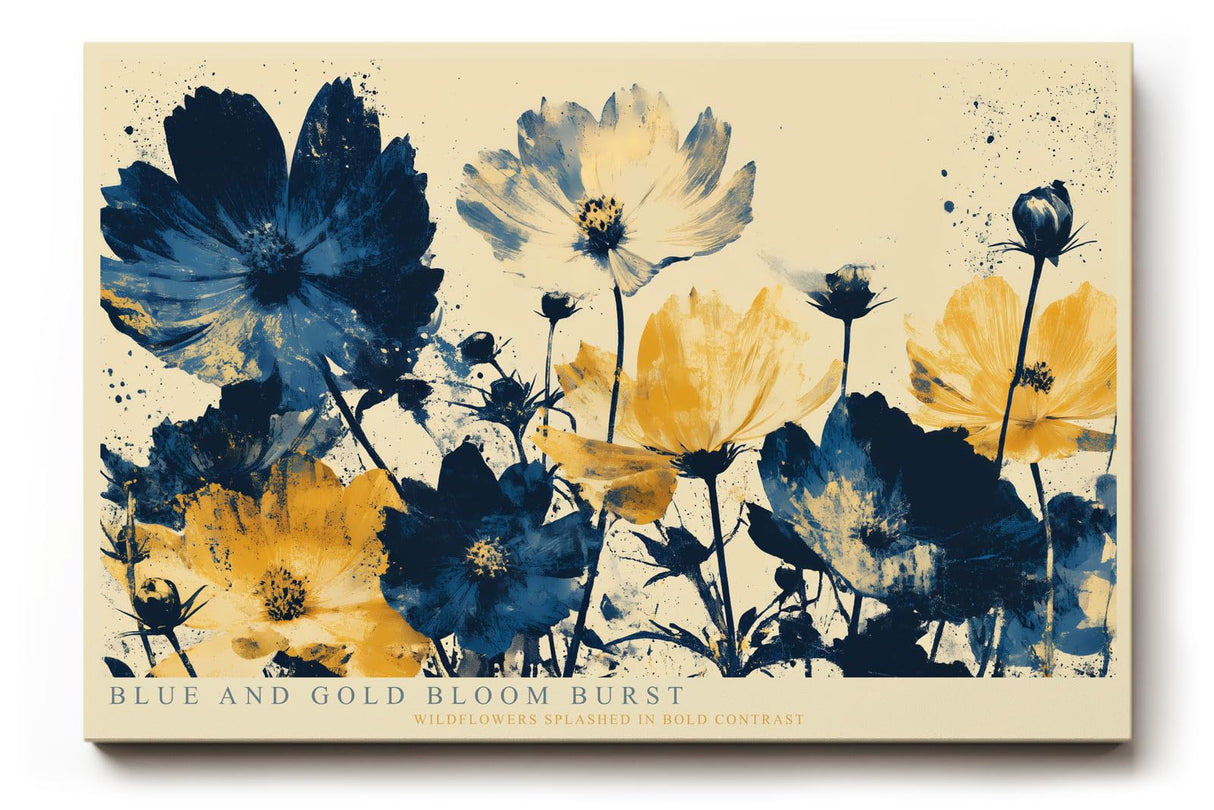 Paul Sinus Wandbild 120x80cm Blue and Gold Bloom Burst Abstrakte Wildblumen Kunst in Blau und Gold Modernes Blumenbild fuer Wohnzimmer und Büro