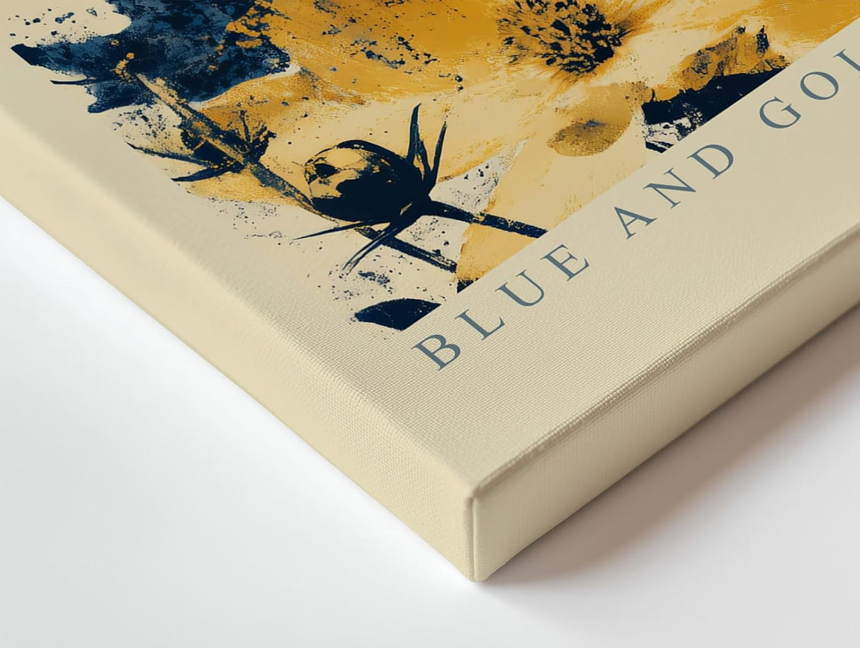 Paul Sinus Wandbild 120x80cm Blue and Gold Bloom Burst Abstrakte Wildblumen Kunst in Blau und Gold Modernes Blumenbild fuer Wohnzimmer und Büro