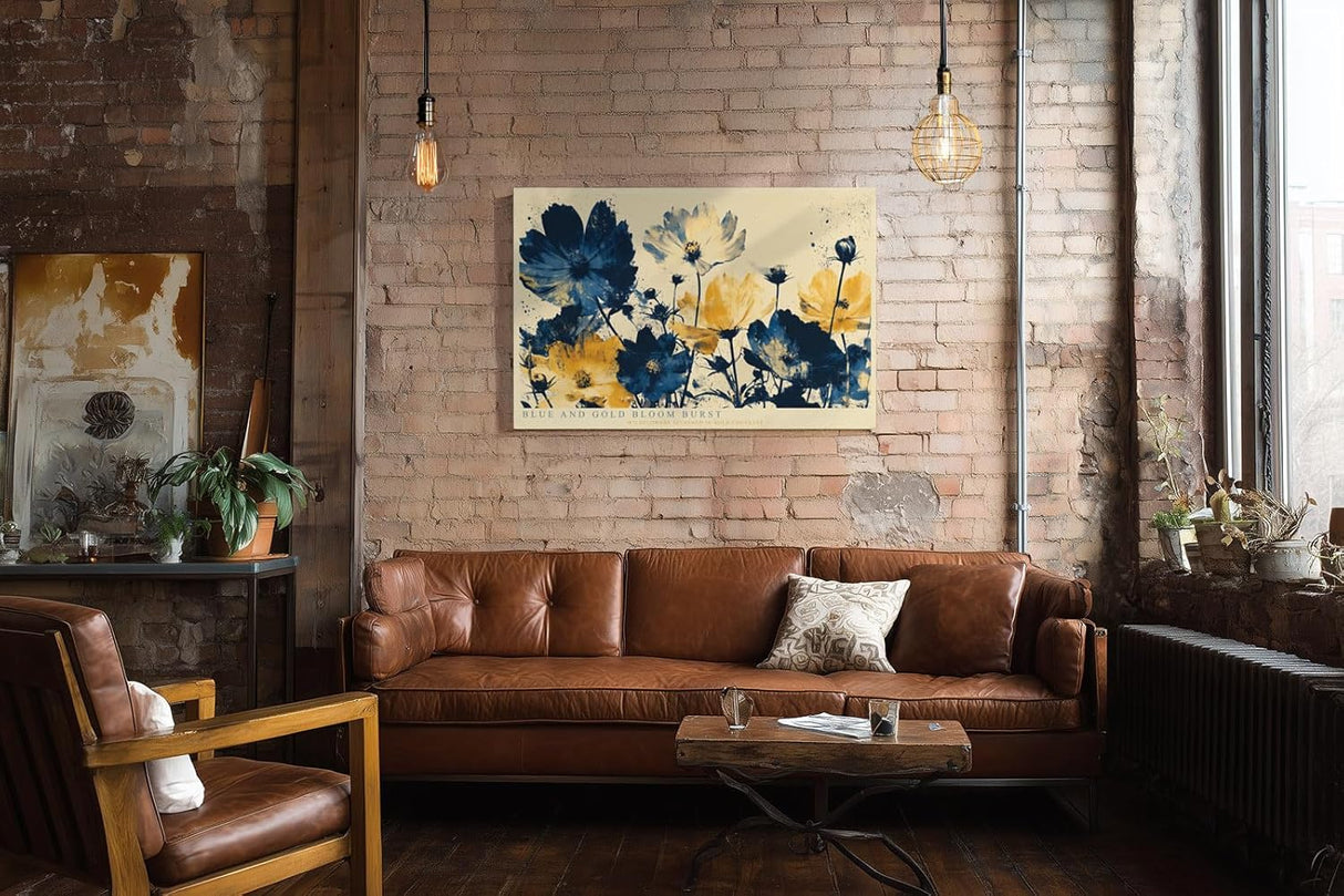 Paul Sinus Wandbild 120x80cm Blue and Gold Bloom Burst Abstrakte Wildblumen Kunst in Blau und Gold Modernes Blumenbild fuer Wohnzimmer und Büro