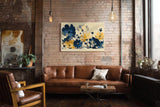 Paul Sinus Wandbild 120x80cm Blue and Gold Bloom Burst Abstrakte Wildblumen Kunst in Blau und Gold Modernes Blumenbild fuer Wohnzimmer und Büro