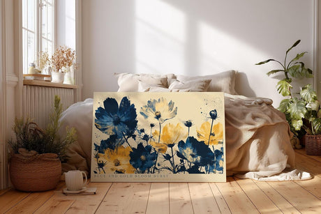 Paul Sinus Wandbild 120x80cm Blue and Gold Bloom Burst Abstrakte Wildblumen Kunst in Blau und Gold Modernes Blumenbild fuer Wohnzimmer und Büro