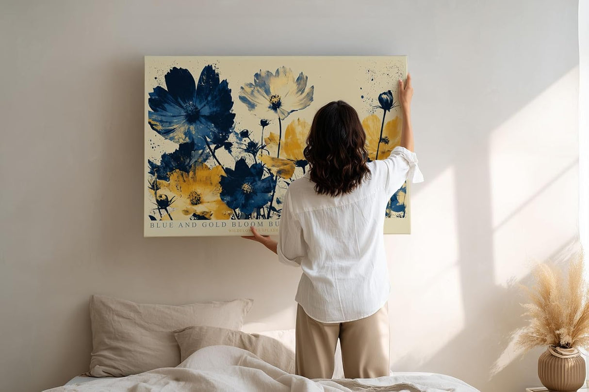 Paul Sinus Wandbild 120x80cm Blue and Gold Bloom Burst Abstrakte Wildblumen Kunst in Blau und Gold Modernes Blumenbild fuer Wohnzimmer und Büro