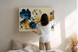 Paul Sinus Wandbild 120x80cm Blue and Gold Bloom Burst Abstrakte Wildblumen Kunst in Blau und Gold Modernes Blumenbild fuer Wohnzimmer und Büro