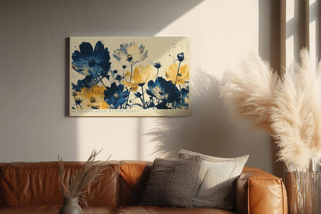 Paul Sinus Wandbild 120x80cm Blue and Gold Bloom Burst Abstrakte Wildblumen Kunst in Blau und Gold Modernes Blumenbild fuer Wohnzimmer und Büro