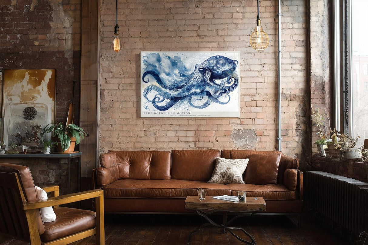 Paul Sinus Wandbild 120x80cm Blue Octopus in Motion Oktopus Illustration maritime Tier Kunst Poster für Wohnzimmer Büro