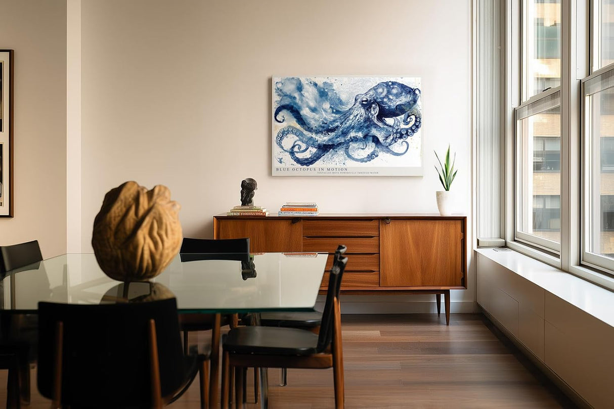 Paul Sinus Wandbild 120x80cm Blue Octopus in Motion Oktopus Illustration maritime Tier Kunst Poster für Wohnzimmer Büro