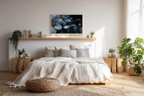 Paul Sinus Wandbild 120x80cm Blue Petals After Rain blaue Blumen Makro Fotokunst mit Wassertropfen moderne Natur Poster für Wohnzimmer Schlafzimmer