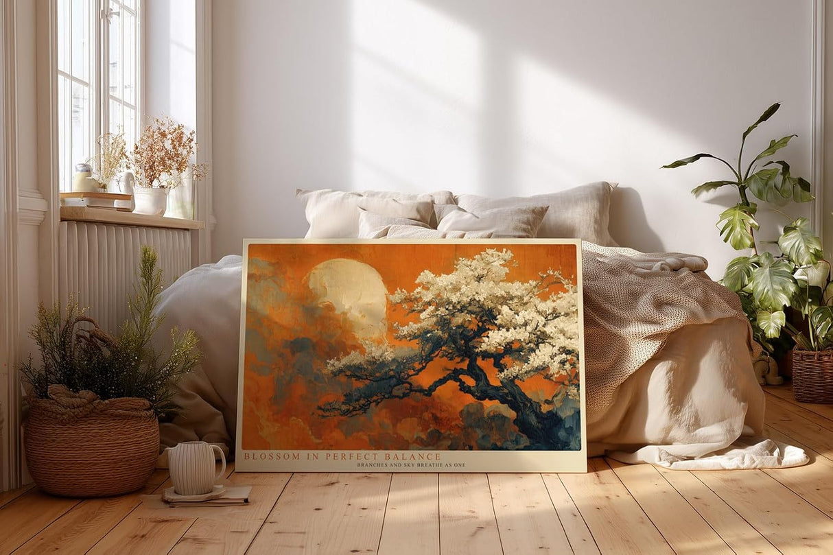 Paul Sinus Wandbild 120x80cm Bluetenbaum Landschaft Kunst in Warmen Orange und Naturtoenen Ruhige Natur Wanddekoration fuer Wohnzimmer Schlafzimmer und Büro