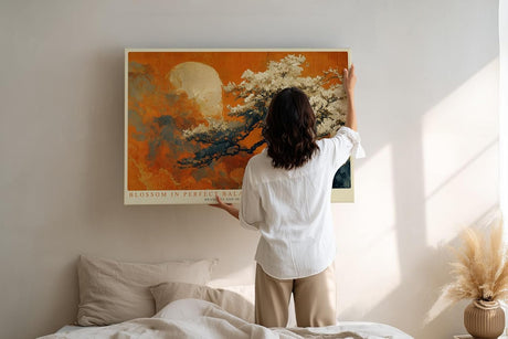 Paul Sinus Wandbild 120x80cm Bluetenbaum Landschaft Kunst in Warmen Orange und Naturtoenen Ruhige Natur Wanddekoration fuer Wohnzimmer Schlafzimmer und Büro