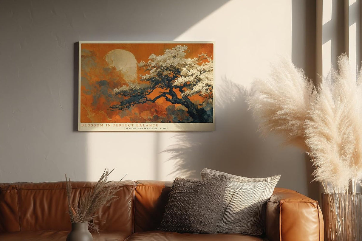 Paul Sinus Wandbild 120x80cm Bluetenbaum Landschaft Kunst in Warmen Orange und Naturtoenen Ruhige Natur Wanddekoration fuer Wohnzimmer Schlafzimmer und Büro