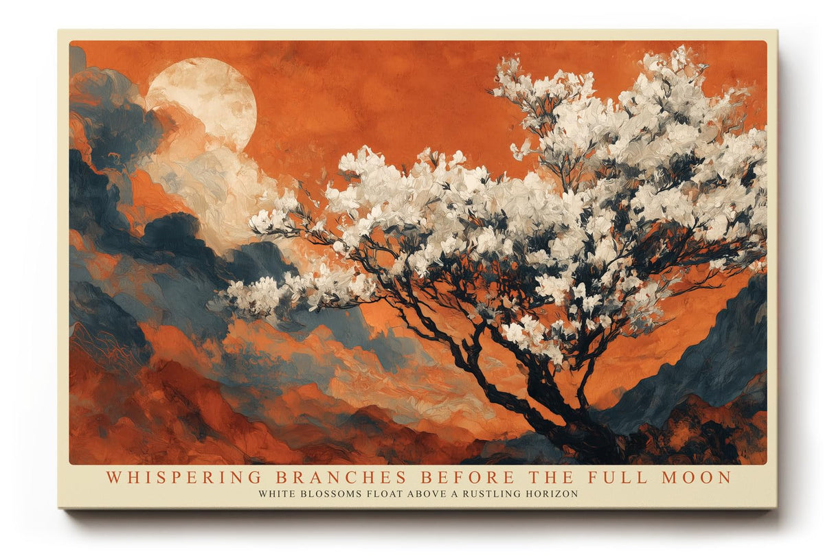 Paul Sinus Wandbild 120x80cm Bluetenbaum Vollmond Berglandschaft Natur Kunstmotiv Abendliche Landschaft mit weissen Blueten