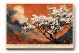Paul Sinus Wandbild 120x80cm Bluetenbaum Vollmond Berglandschaft Natur Kunstmotiv Abendliche Landschaft mit weissen Blueten