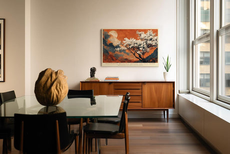 Paul Sinus Wandbild 120x80cm Bluetenbaum Vollmond Berglandschaft Natur Kunstmotiv Abendliche Landschaft mit weissen Blueten
