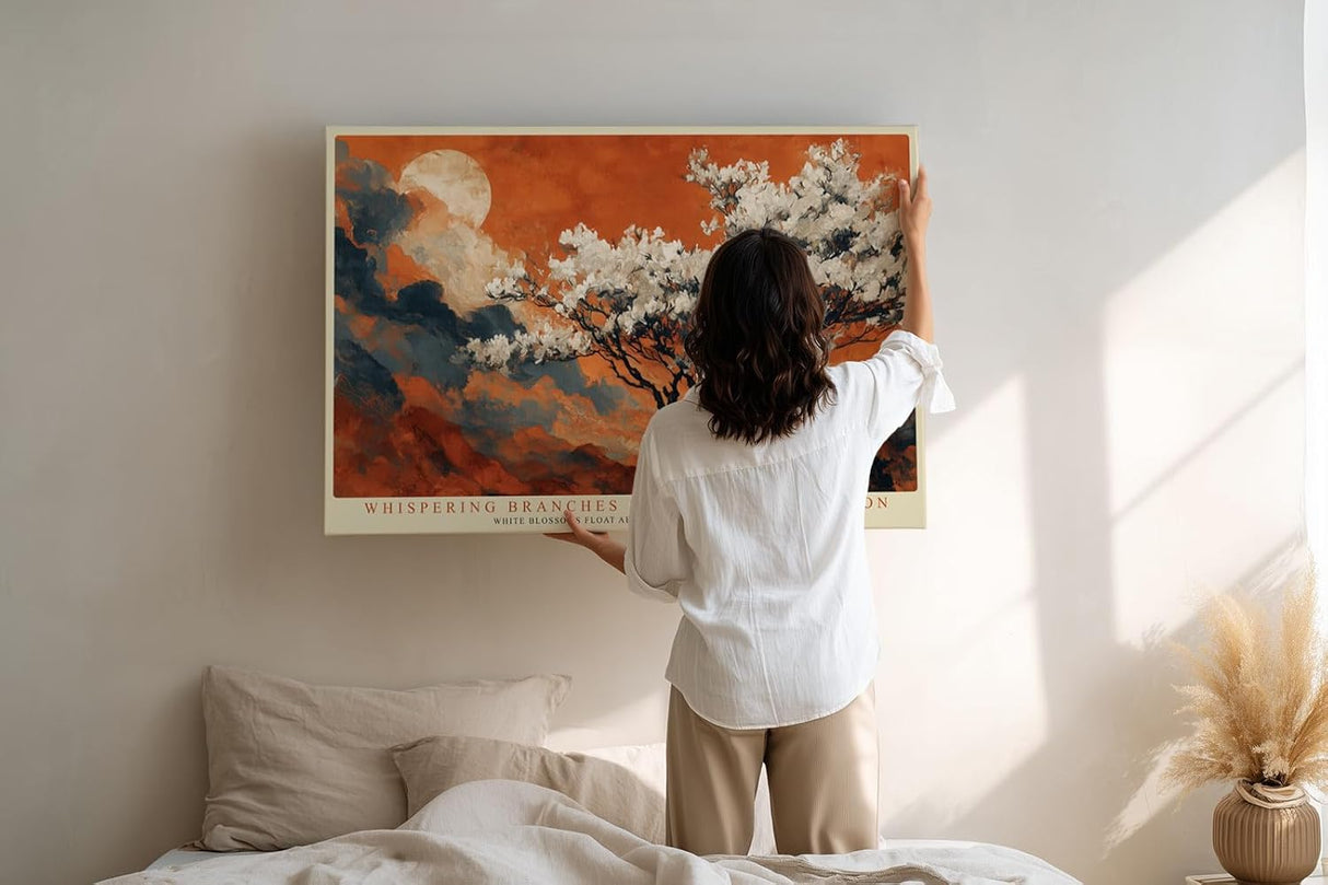 Paul Sinus Wandbild 120x80cm Bluetenbaum Vollmond Berglandschaft Natur Kunstmotiv Abendliche Landschaft mit weissen Blueten