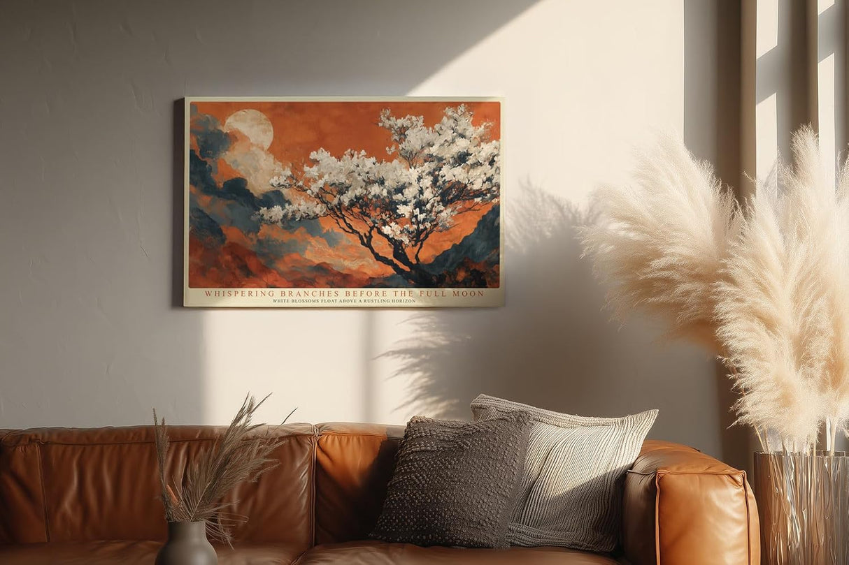 Paul Sinus Wandbild 120x80cm Bluetenbaum Vollmond Berglandschaft Natur Kunstmotiv Abendliche Landschaft mit weissen Blueten