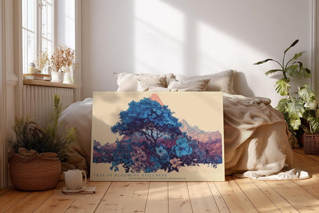 Paul Sinus Wandbild 120x80cm blühender Baum Landschaft Illustration in Blau mit Blumen moderne Naturkunst stilvolles Kunstbild für Wohnzimmer Büro