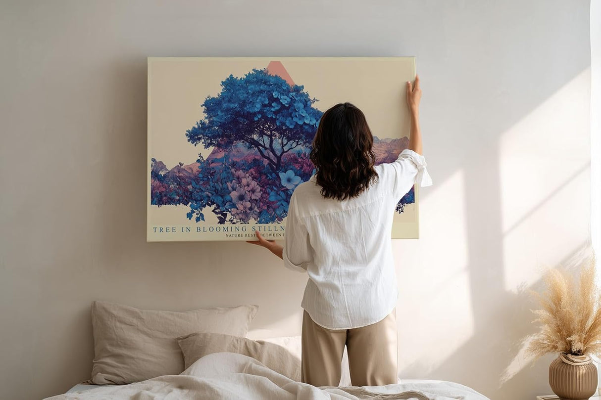 Paul Sinus Wandbild 120x80cm blühender Baum Landschaft Illustration in Blau mit Blumen moderne Naturkunst stilvolles Kunstbild für Wohnzimmer Büro