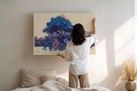 Paul Sinus Wandbild 120x80cm blühender Baum Landschaft Illustration in Blau mit Blumen moderne Naturkunst stilvolles Kunstbild für Wohnzimmer Büro