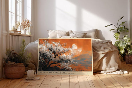 Paul Sinus Wandbild 120x80cm Blühender Baum Landschaft Kunst in Orange Weiß und Grau Modernes Naturmotiv für Wohnzimmer Büro und Flur