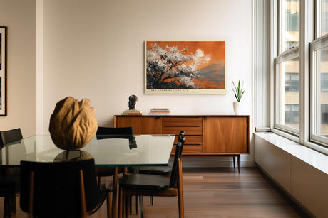 Paul Sinus Wandbild 120x80cm Blühender Baum Landschaft Kunst in Orange Weiß und Grau Modernes Naturmotiv für Wohnzimmer Büro und Flur