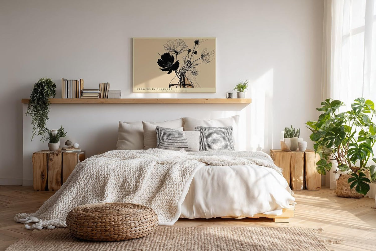 Paul Sinus Wandbild 120x80cm Blumen in Vase minimalistische Linien Illustration beige schwarz botanisches Kunstbild modernes Naturmotiv stilvolle