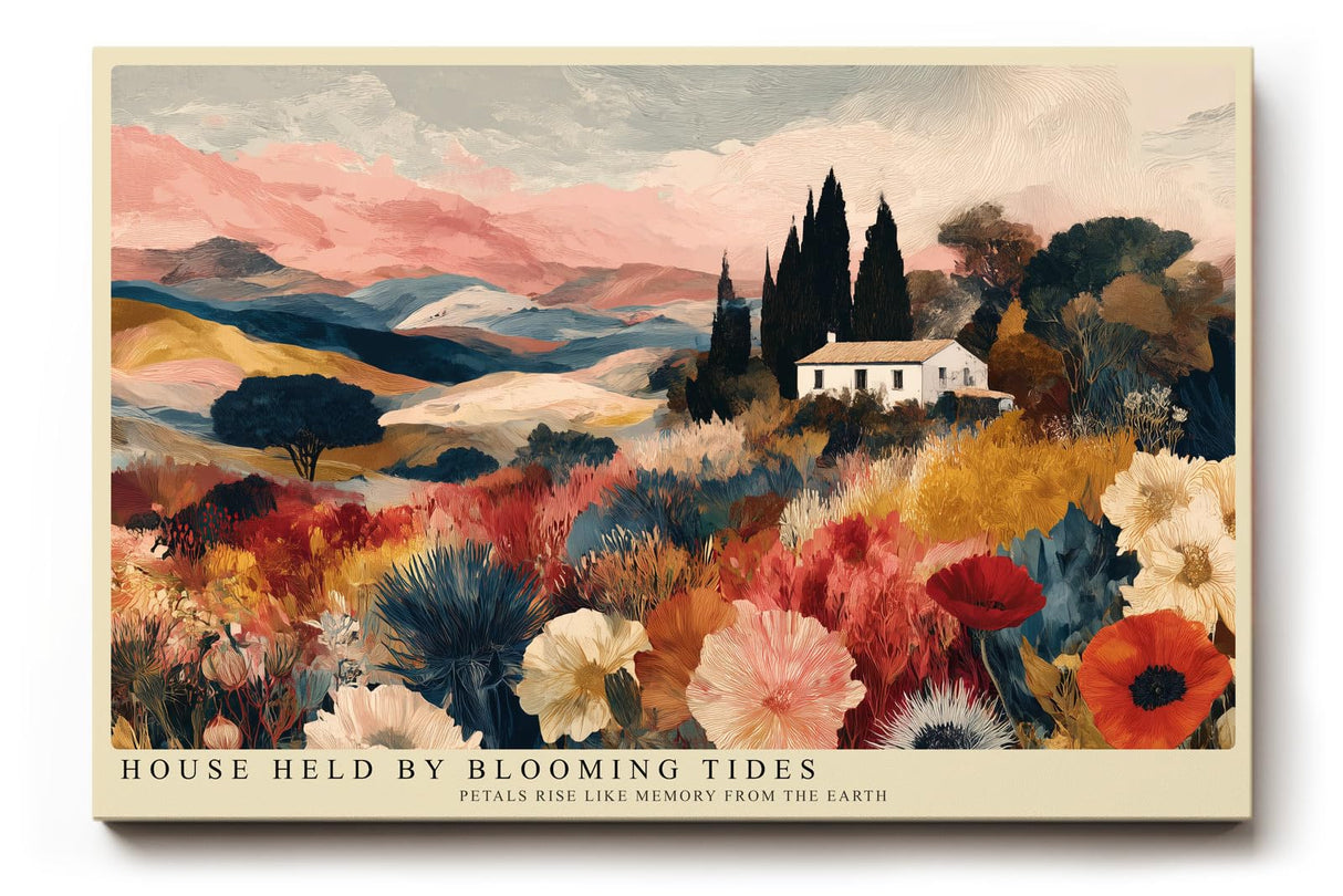 Paul Sinus Wandbild 120x80cm Blumen Landschaft Haus Natur Kunstmotiv Farbenreiche Landschaft mit Blumenfeld und Landhaus