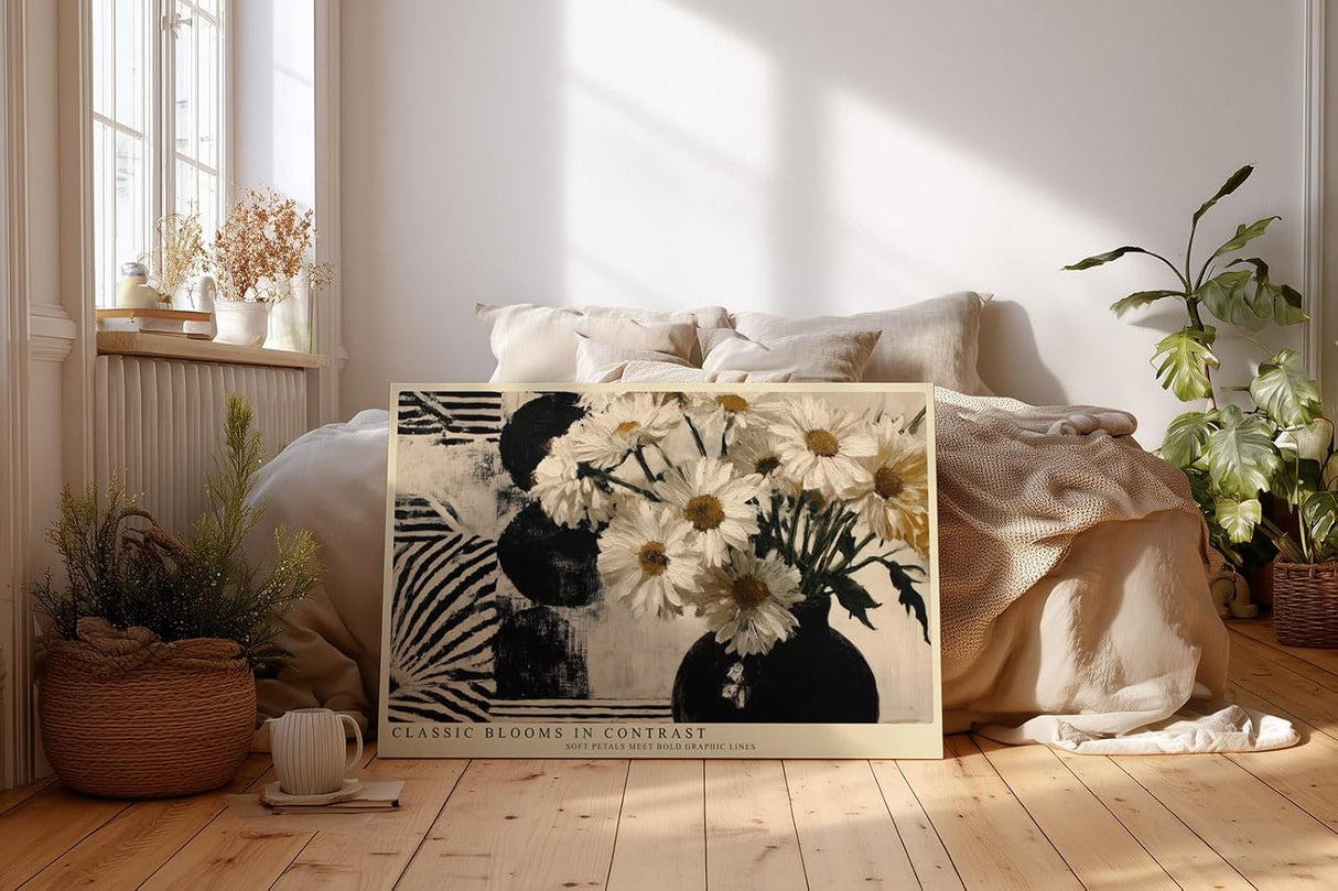 Paul Sinus Wandbild 120x80cm Blumen Stillleben modern weiss schwarz grafische Kunst Kunstdruck grosses Kunstbild elegante Wanddekoration fuer Wohnzimmer Büro Flur