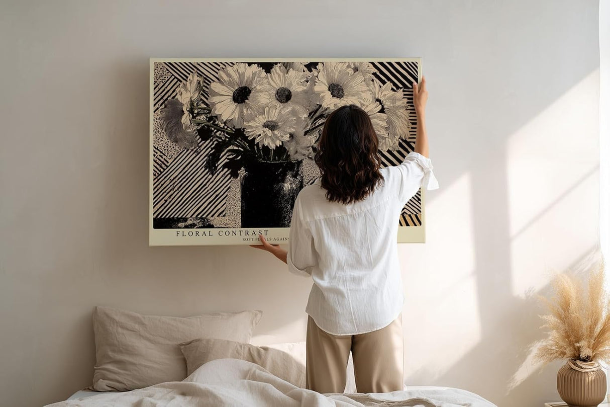 Paul Sinus Wandbild 120x80cm Blumen Stillleben schwarz weiss grafisches Muster moderne florale Kunst Wanddekoration fuer Wohnzimmer Büro