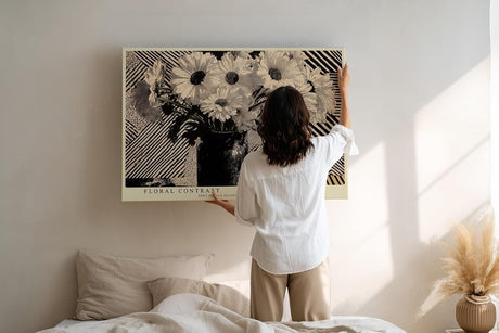 Paul Sinus Wandbild 120x80cm Blumen Stillleben schwarz weiss grafisches Muster moderne florale Kunst Wanddekoration fuer Wohnzimmer Büro