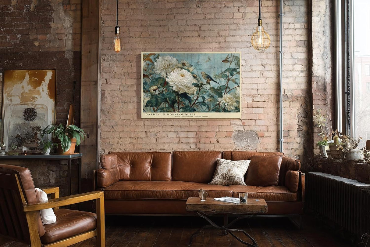 Paul Sinus Wandbild 120x80cm Blumen und Vogel Garten Szene Klassische Natur Kunst in Blau Grün und Weiß für Wohnzimmer Schlafzimmer Büro
